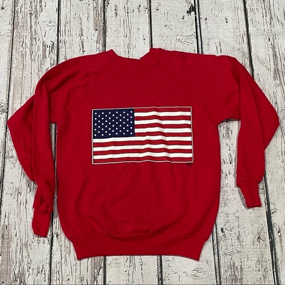 Vintage 1980s USA Flag America Red Patriotic Crewneck 80s Sweatshirt - Picture 1 of 4